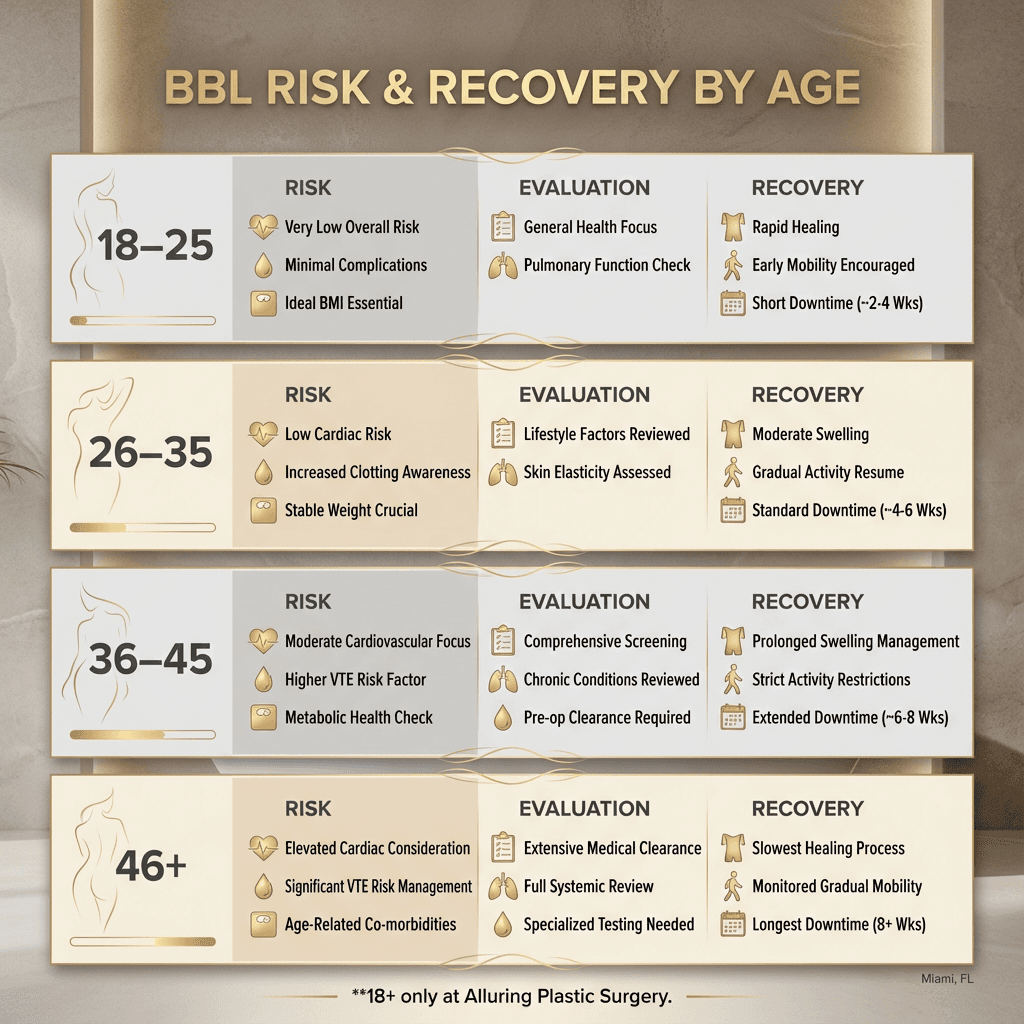 “BBL Risk & Recovery by Age” infographic: risk factors, evaluation focus, and recovery notes per bracket; include a small footer note “18+ only at Alluring Plastic Surgery.”