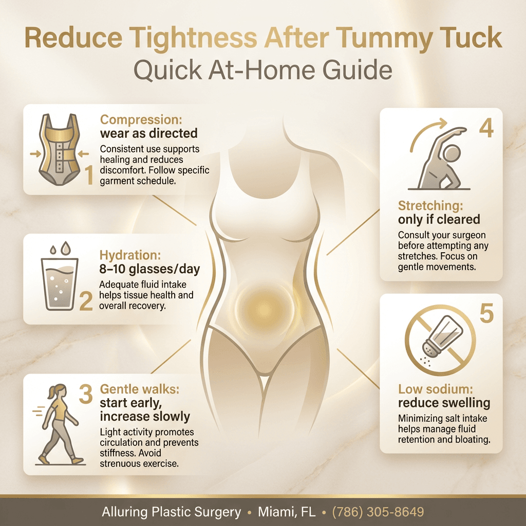 Post–tummy tuck tightness relief quick guide: compression garment duration, hydration target (8–10 glasses), walking timeline, stretching caution, sodium reduction
