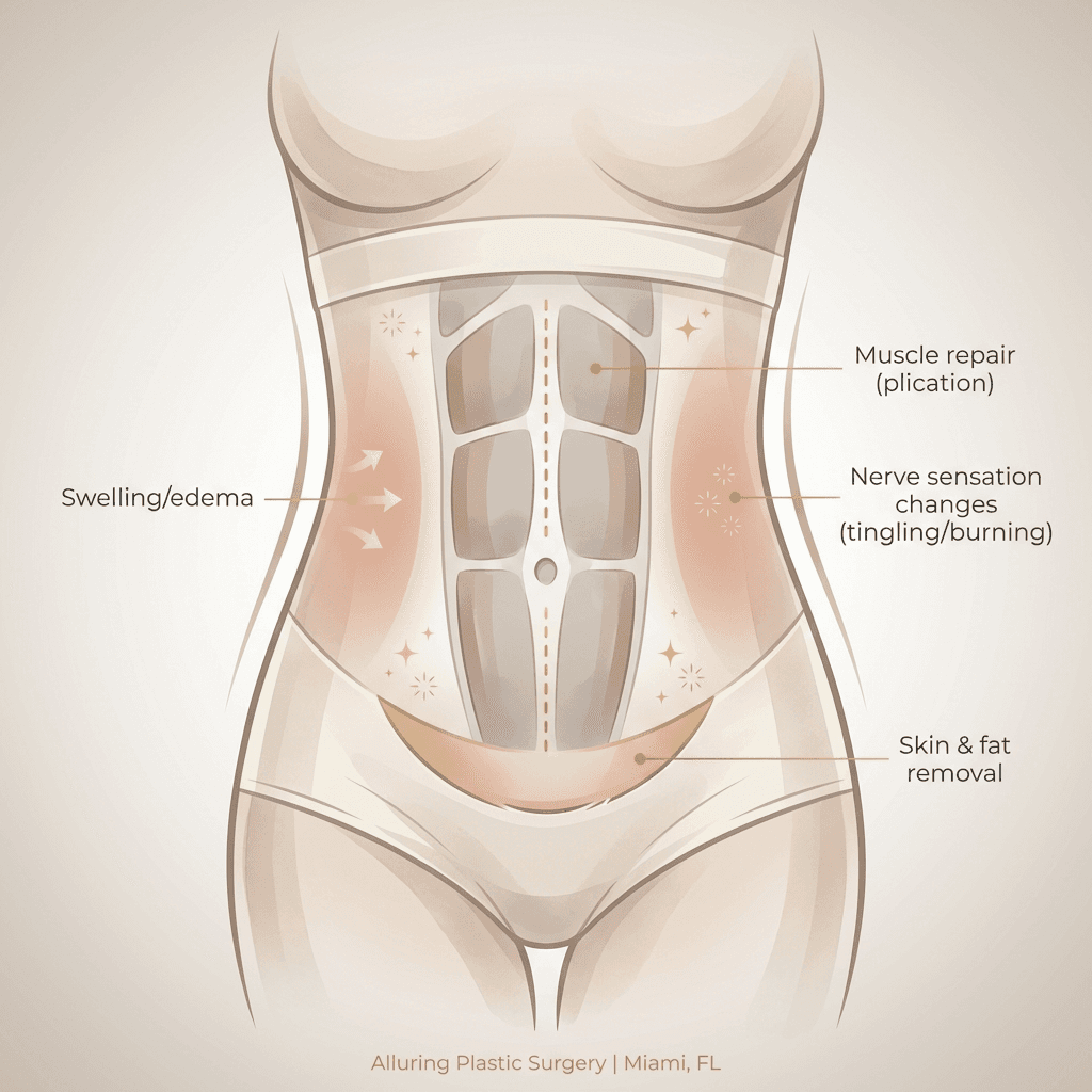 Simplified abdominal illustration showing muscle repair (diastasis recti), skin removal, swelling zones, and nerve sensation changes (tingling/burning)
