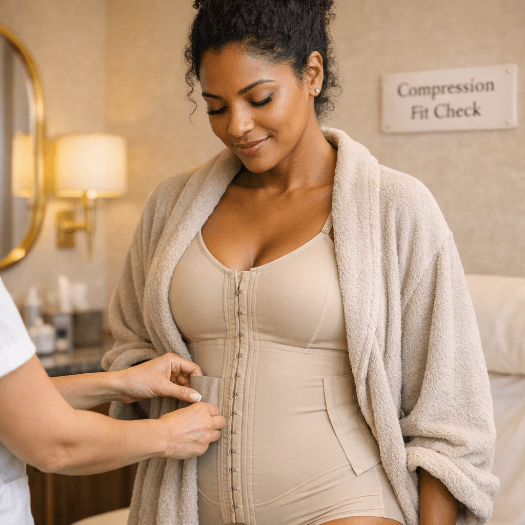 Tasteful, premium image of a patient (or model) in a discreet post-op compression garment or a nurse demonstrating proper fit/adjustment in a serene clinic setting
