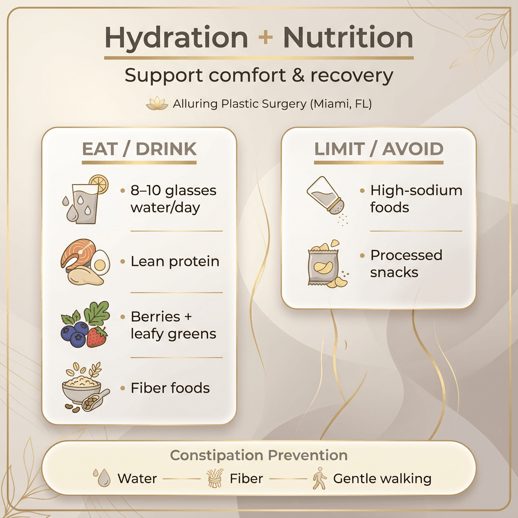 Hydration + nutrition “Eat/Limit” panel: 8–10 glasses water, lean proteins, berries/leafy greens, fiber sources; avoid high-sodium foods; constipation-prevention tips