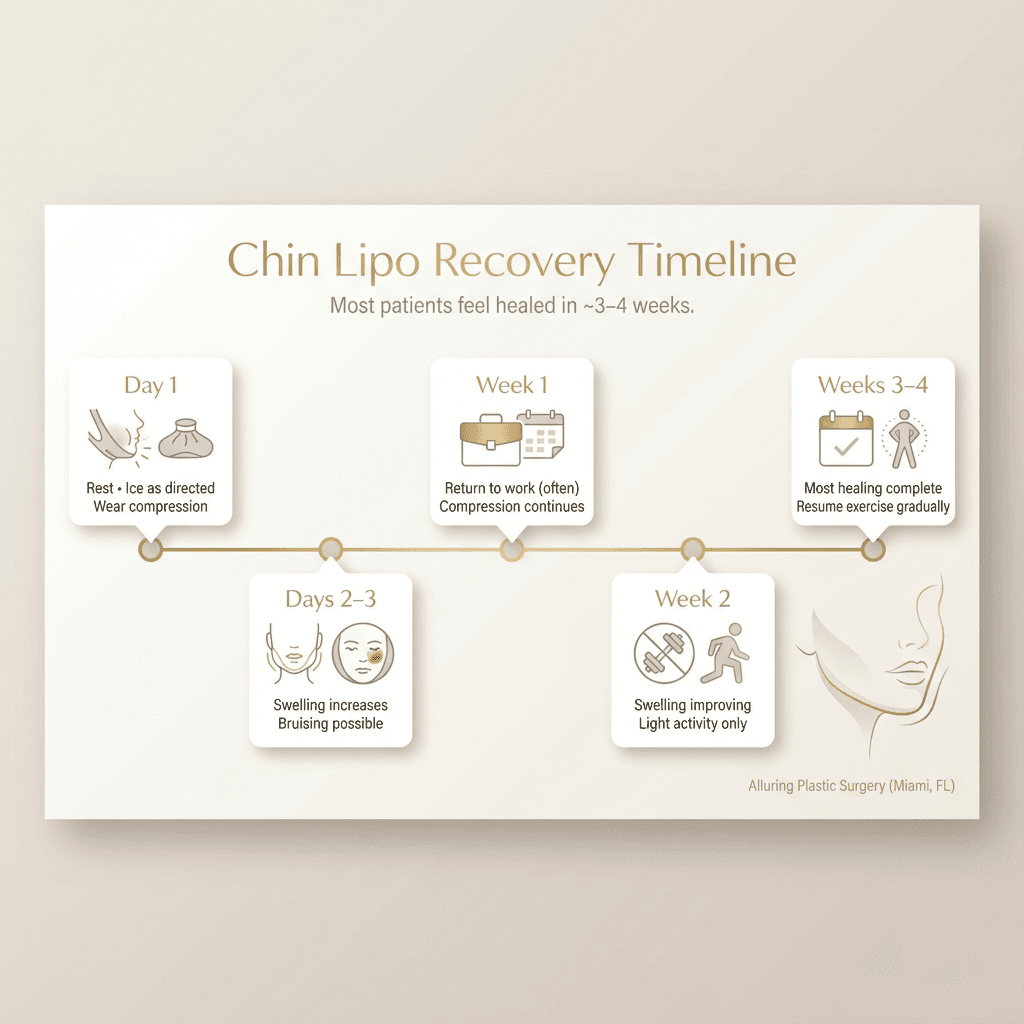 “Chin Lipo Recovery Timeline” horizontal infographic with milestones (Day 1, Days 2–3, Week 1, Week 2, Weeks 3–4) and icons for swelling, compression, work, exercise restrictions.