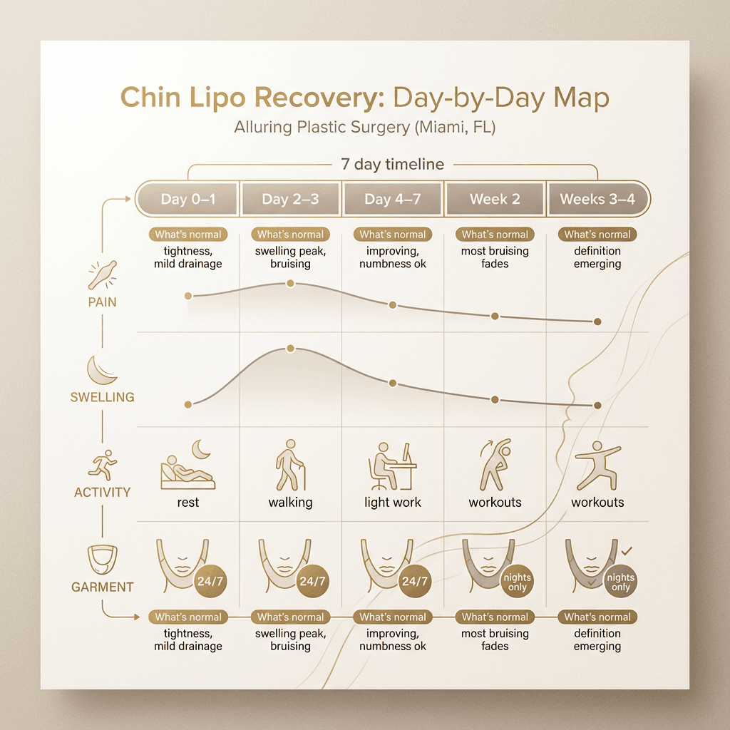 Day-by-day recovery checklist card design: pain/swelling curve, activity level, garment wear, and “what’s normal” notes in a clean, luxury layout.