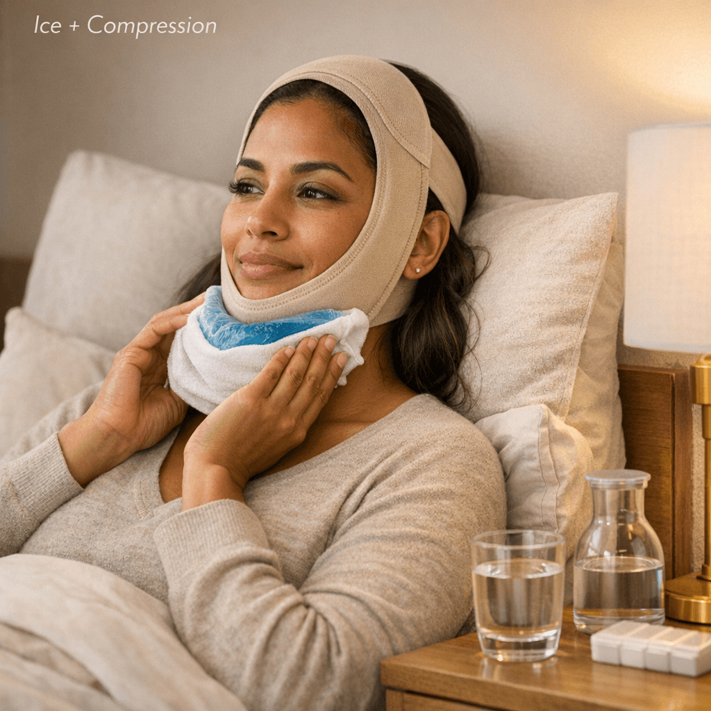 At-home recovery scene: patient resting upright with a chin compression garment, using an ice pack correctly; neutral bedding, warm light, calm luxury feel.
