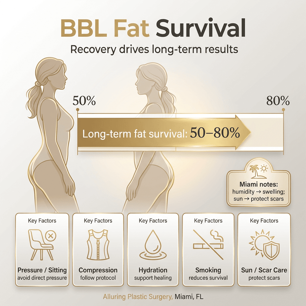 Infographic: âBBL fat survival & what affects itâ (50â80% survives long-term), plus 3â5 key risk factors (pressure/sitting, compression compliance, hydration, smoking, sun/scar care) with a Miami callout (humidity/swelling, sun exposure).