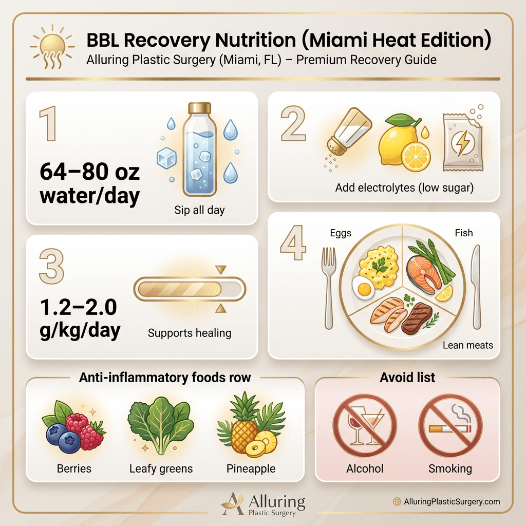 Infographic: âBBL Recovery Nutrition (Miami Heat Edition)â with hydration goal (64â80 oz), electrolyte note, protein target (1.2â2.0 g/kg), sample plate (eggs/fish/lean meats), anti-inflammatory foods (berries/leafy greens/pineapple), avoid list (alcohol, smoking).