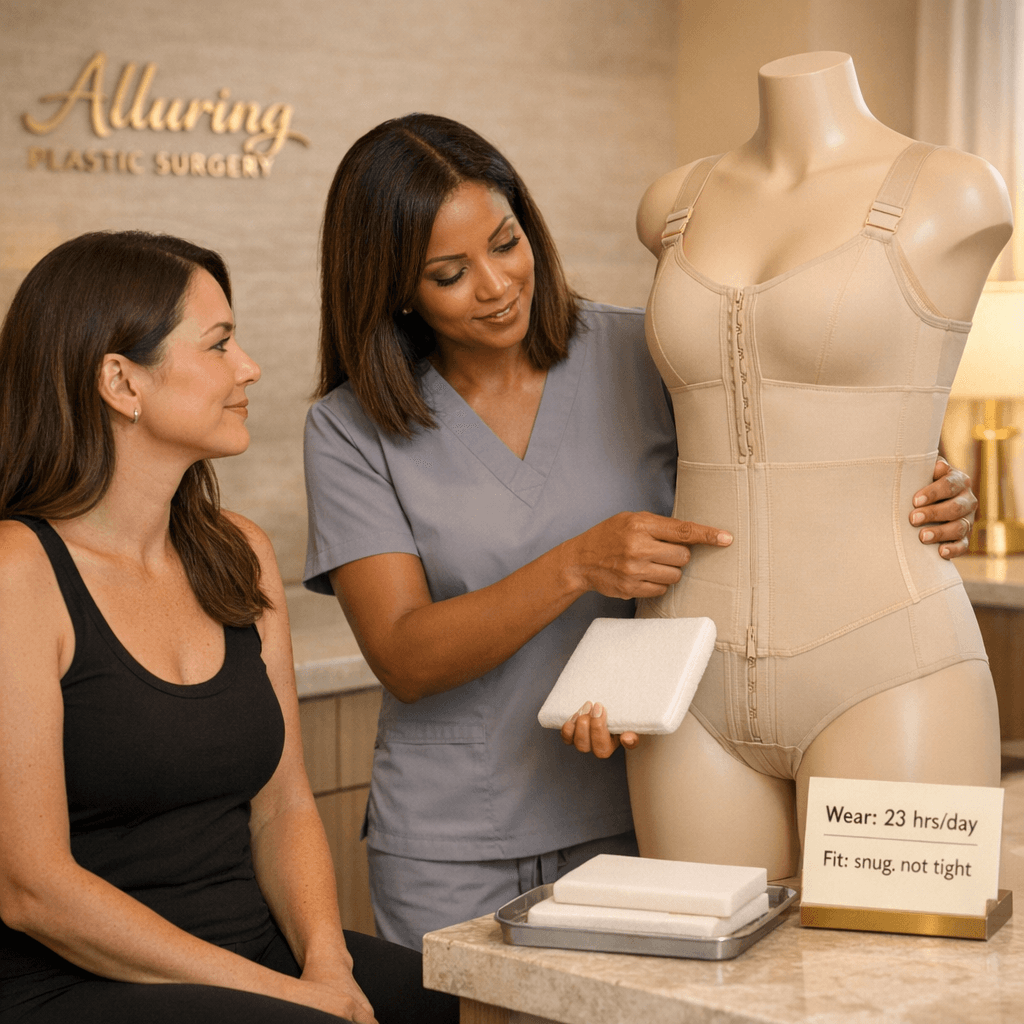 Photo of a post-op consultation moment: clinician demonstrating a medical-grade faja/compression garment fit (over clothing or on a mannequin), with lipo foam shown as an accessory; clean beige/cream setting, gold accents.