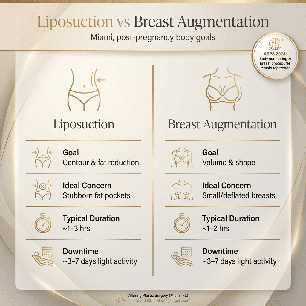 Premium split infographic: Liposuction vs Breast Augmentation (goal, ideal concern, typical duration, downtime) with a small callout for ASPS 2024 trend context; stone-tone palette with gold accents.