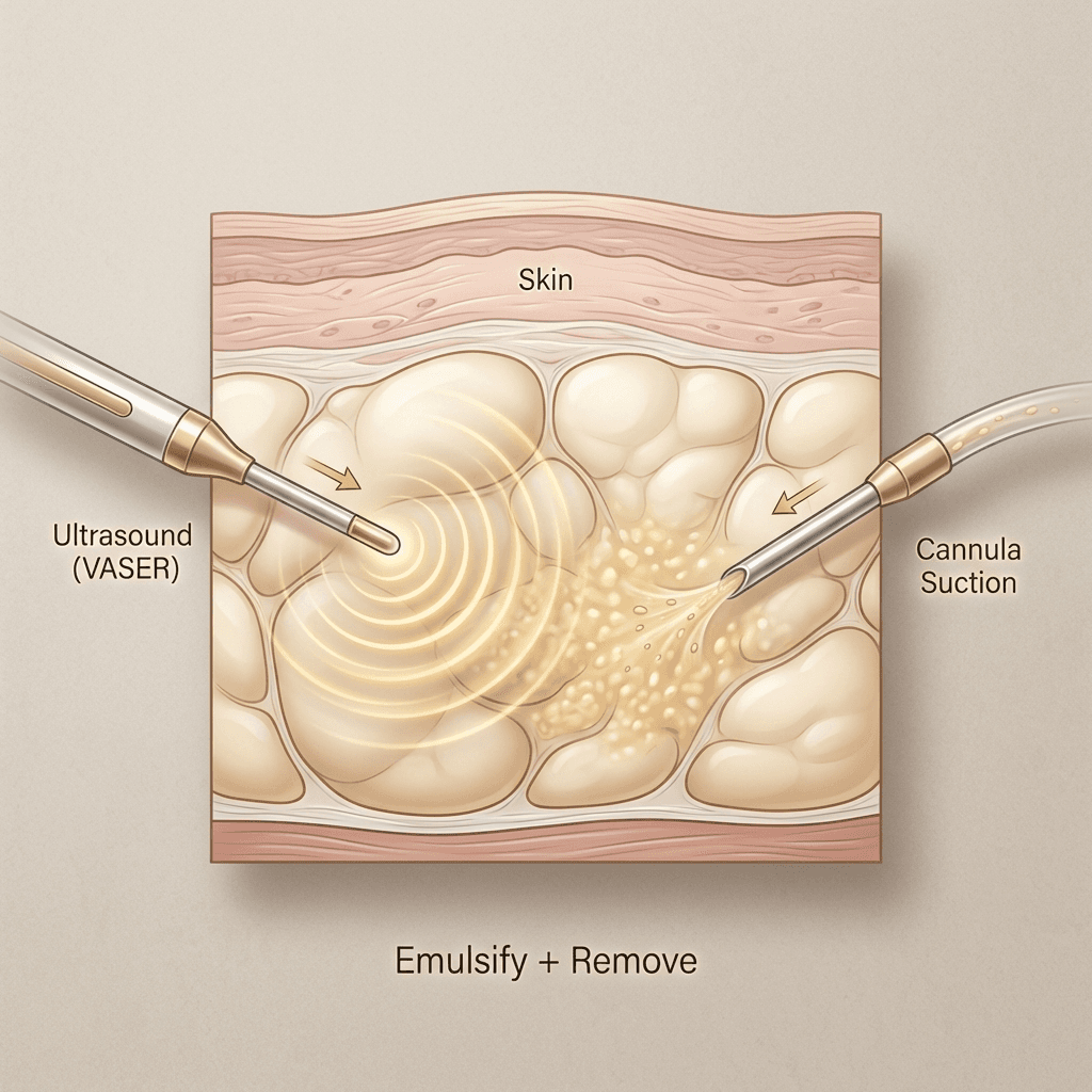 Clean anatomical/technical illustration: cross-section of subcutaneous fat showing ultrasound-assisted emulsification + cannula removal; labeled minimally and styled in warm neutrals.