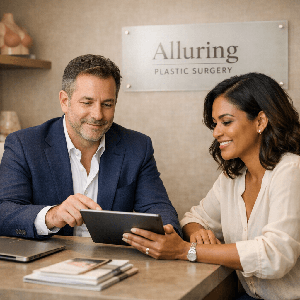 High-end clinic portrait: Dr. Karlinsky in a refined consultation setting (stone/beige tones, gold accent detail, soft natural light), optionally with a patient consult moment (no graphic medical imagery).