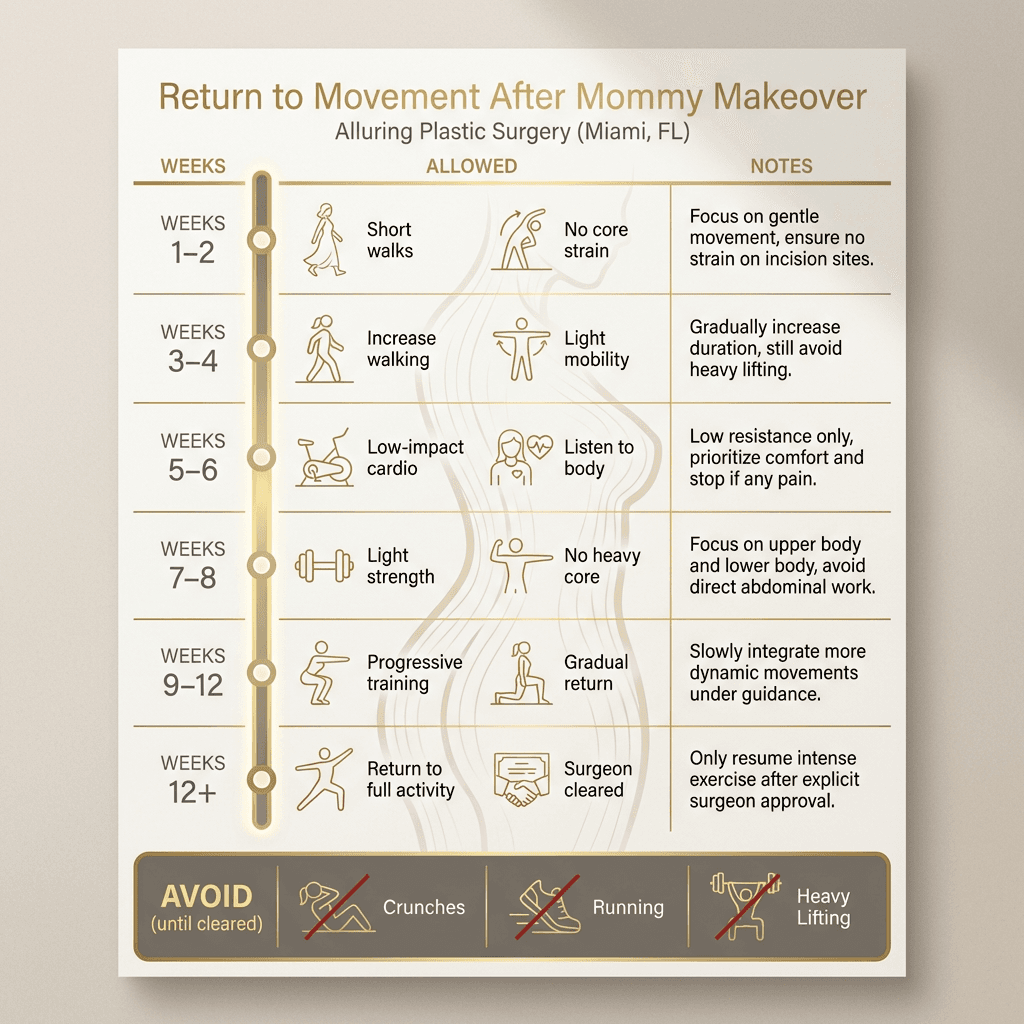 âReturn to Movement After Mommy Makeoverâ timeline graphic with week ranges, allowed activities, and a clear âavoidâ row (crunches/running/heavy lifting) in a refined clinic style.