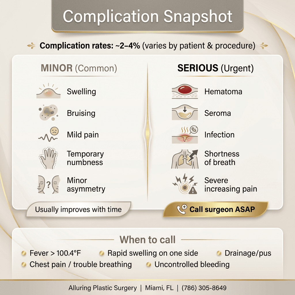 Clean, luxury-styled âComplication Snapshotâ chart: minor vs. serious complications, approximate rates, and when to call the surgeon (with subtle clinic branding in stone/gold palette).