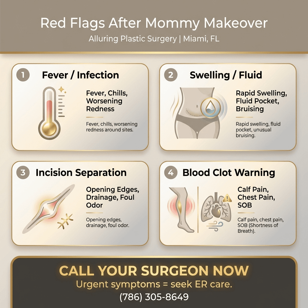 âRed Flags After Mommy Makeoverâ visual checklist with icons (thermometer/fever, swelling/fluid, incision separation, calf pain/SOB) and a bold âCall your surgeonâ prompt.