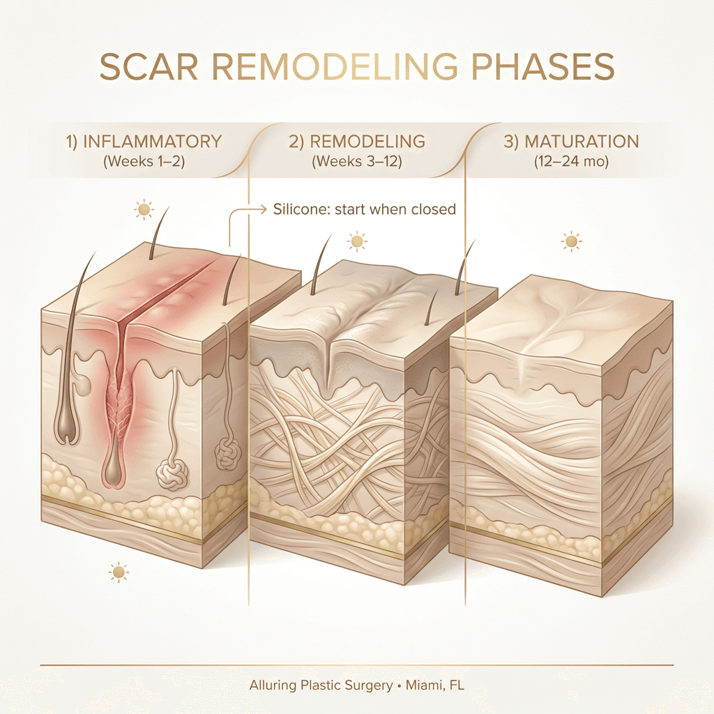 Minimal anatomical/skin-layer illustration of scar remodeling phases (inflammatory â remodeling â maturation) plus small callouts for silicone start window and sun protection.