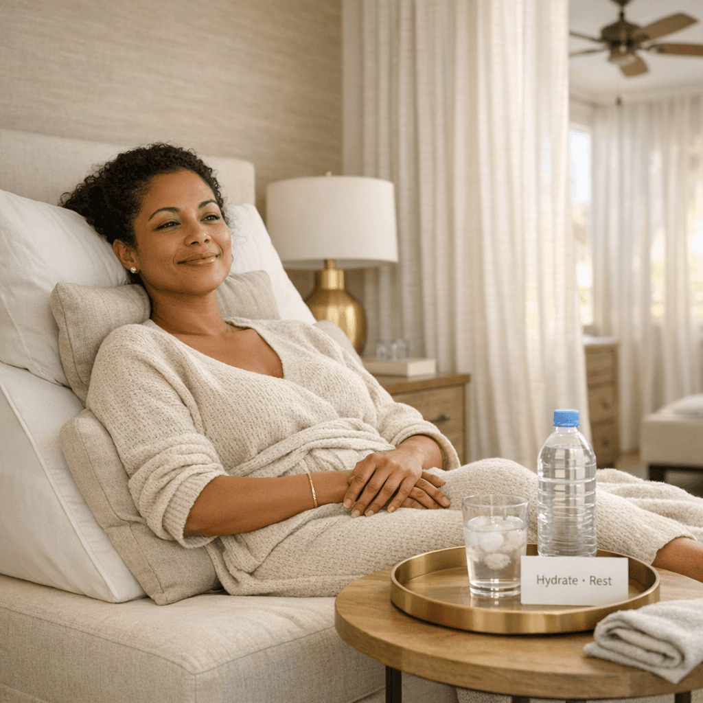 Tasteful lifestyle photo: a woman resting in a neutral-toned bedroom/living space on a recliner/wedge pillow setup, water on side table, soft daylight, stone/beige palette.