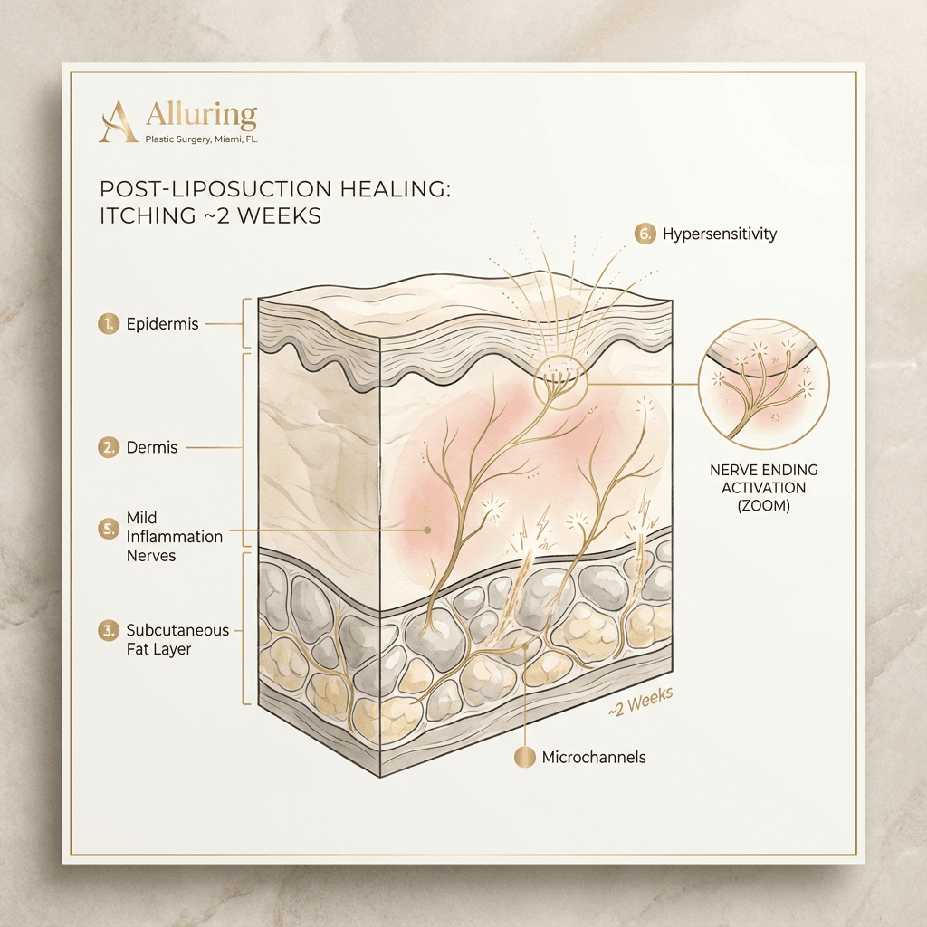 Simple anatomical-style diagram of skin layers showing healing nerves reactivating, mild inflammation, and hypersensitivity in a treated area; luxe stone-tone palette with subtle gold callouts.
