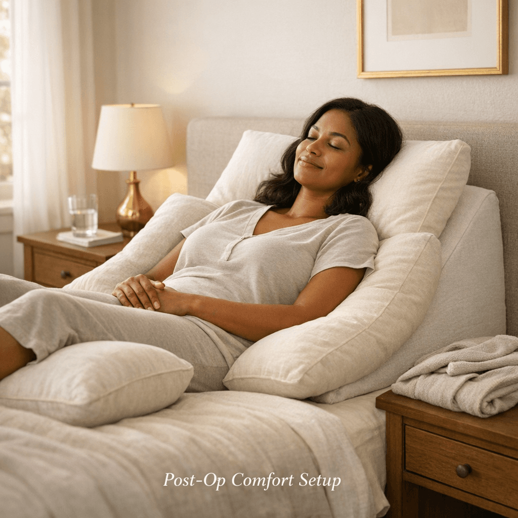 Lifestyle bedroom scene: patient resting on her back with a wedge pillow, extra pillows placed for support, neutral stone-toned bedding; subtle “post-op comfort setup” vibe (no medical gore).