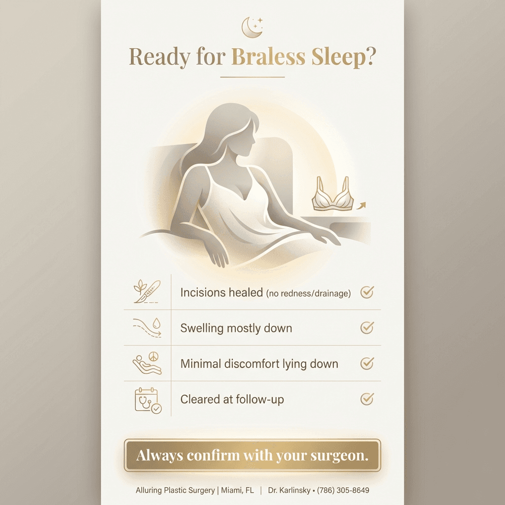 “Ready for braless sleep?” checklist: incisions healed (no redness/drainage), swelling largely down, comfortable lying down, cleared at follow-up; include a highlighted note: “Always confirm with your surgeon.”