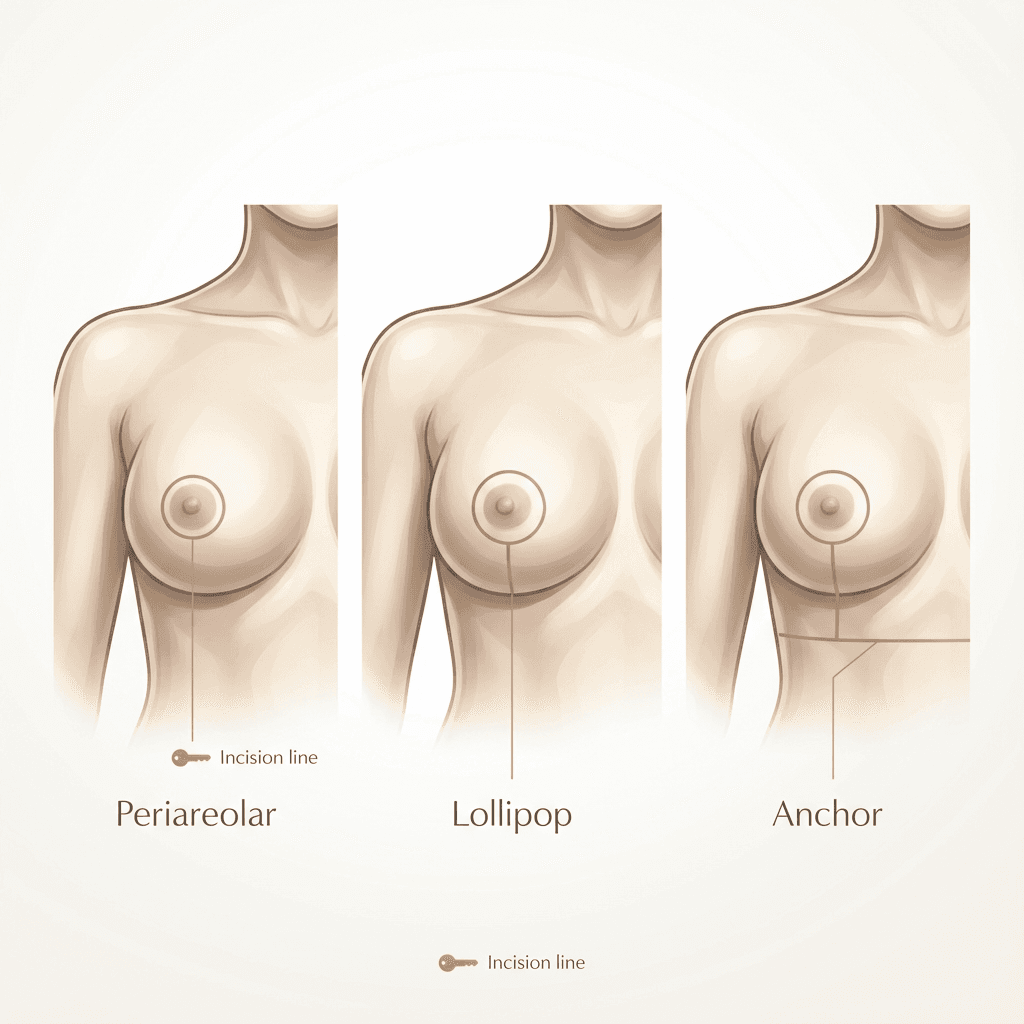 Minimal, premium anatomical illustration comparing periareolar vs lollipop vs anchor incision lines (front view), labeled discreetly in stone tones with a gold accent key