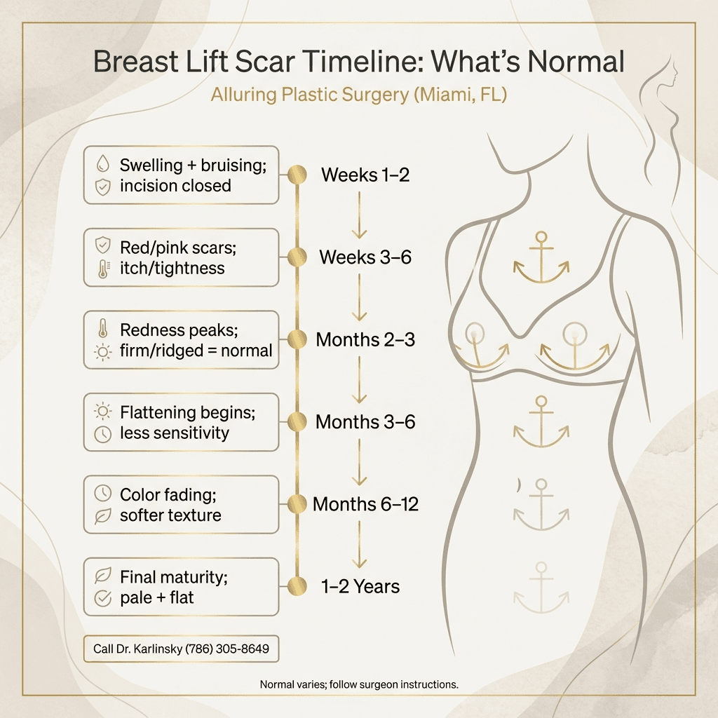 Week-by-week/month-by-month scar maturation timeline with milestones (redness peak, flattening, color fade) and “what’s normal” notes; elegant stone palette + gold markers