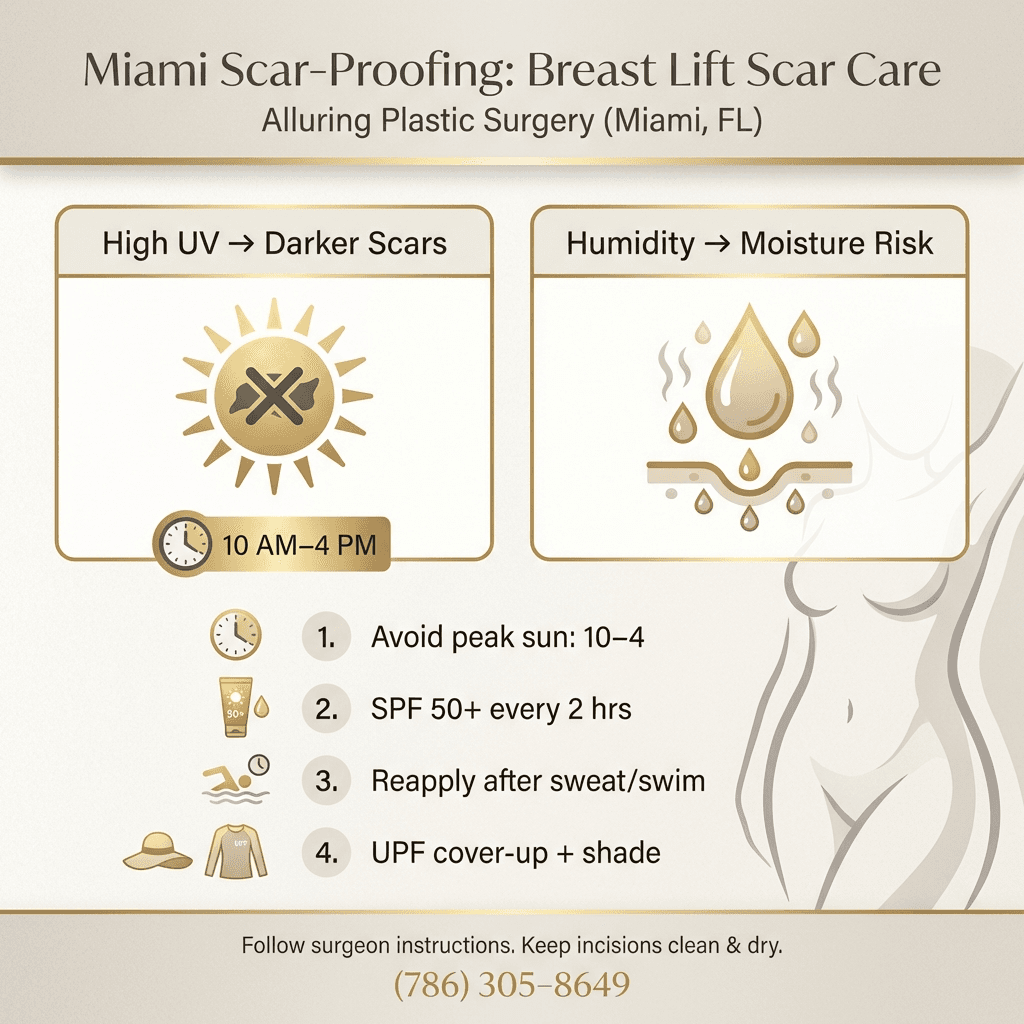 “Miami Scar-Proofing” mini-guide: UV index/sun icon + humidity icon, peak hours (10–4), SPF reapplication cadence, cover-up/UPF clothing callouts