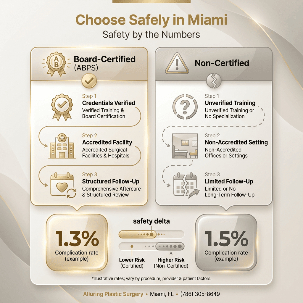 “Safety by the numbers” mini infographic: board-certified vs non-certified pathways and complication-rate callouts (e.g., 1.5%, 1.3%), with a simple icon set (credential badge, accredited facility, follow-up care).