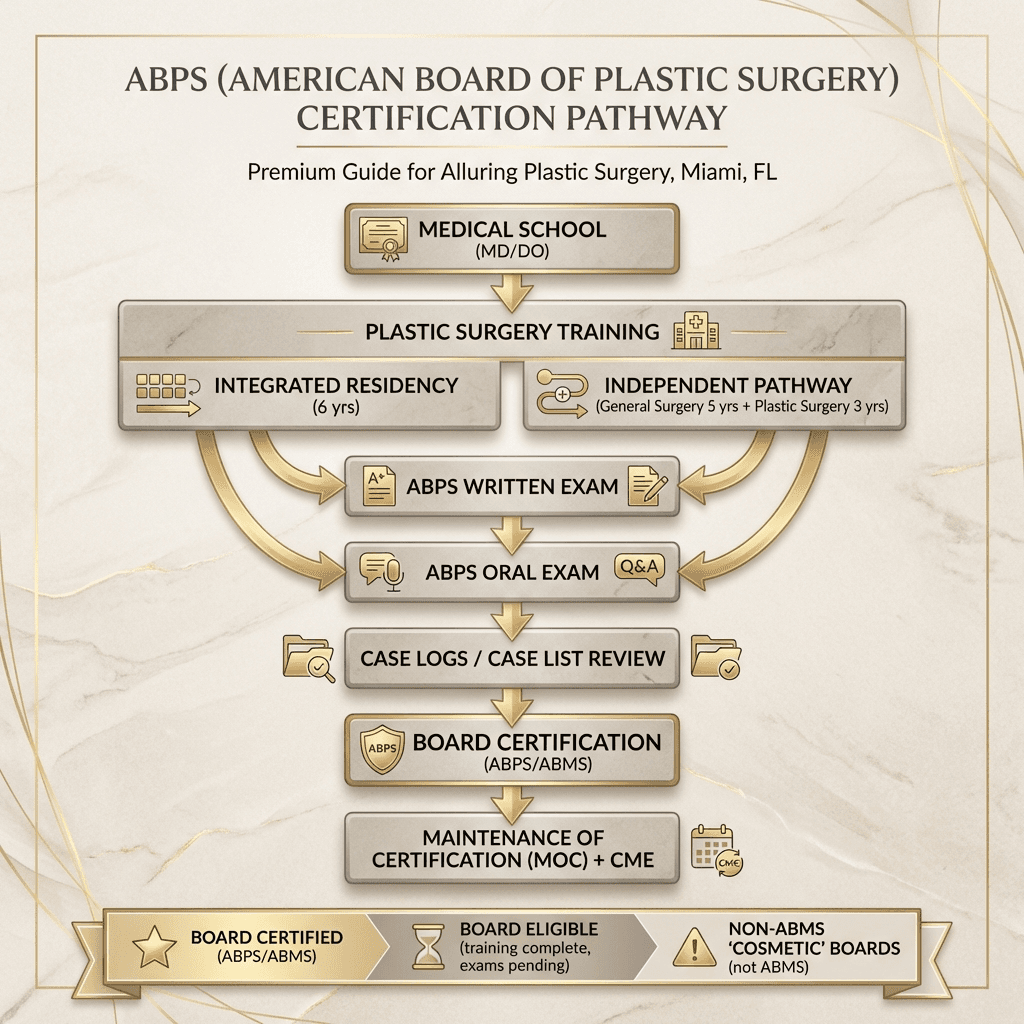 Elegant “ABPS certification pathway” diagram: medical school → residency options (5+3 or integrated 6) → written/oral exams → case logs → maintenance/CMEs, using stone-tone blocks with subtle gold accents.