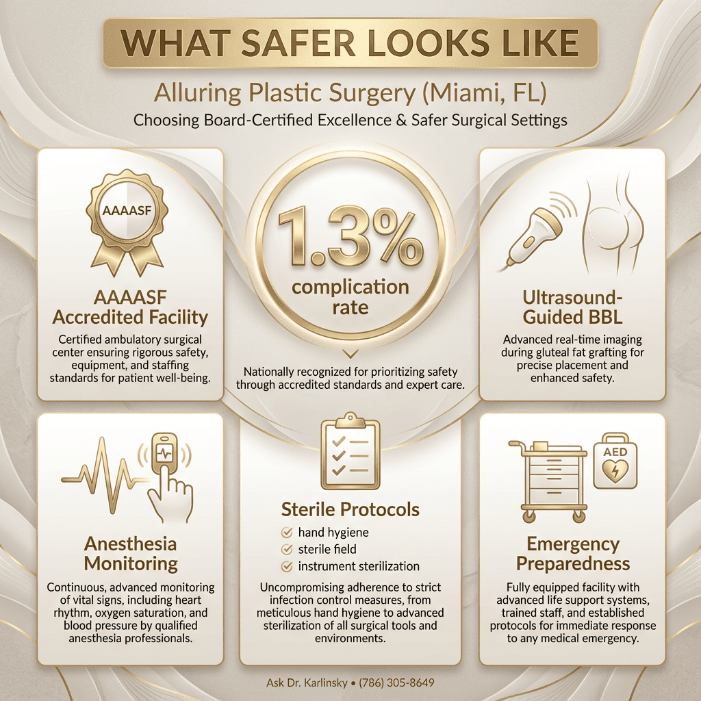 “What safer looks like” infographic: accreditation badge (AAAASF), ultrasound-guided BBL icon, sterile protocols checklist, anesthesia monitoring, emergency preparedness; include the 1.3% callout prominently.
