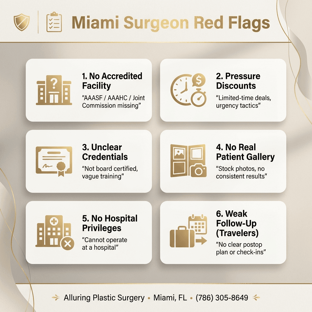 “Miami Surgeon Red Flags” checklist graphic: missing AAAASF/AAAHC/Joint Commission, high-pressure discounts, unclear credentials, no real patient galleries, no hospital privileges, poor follow-up for travelers.