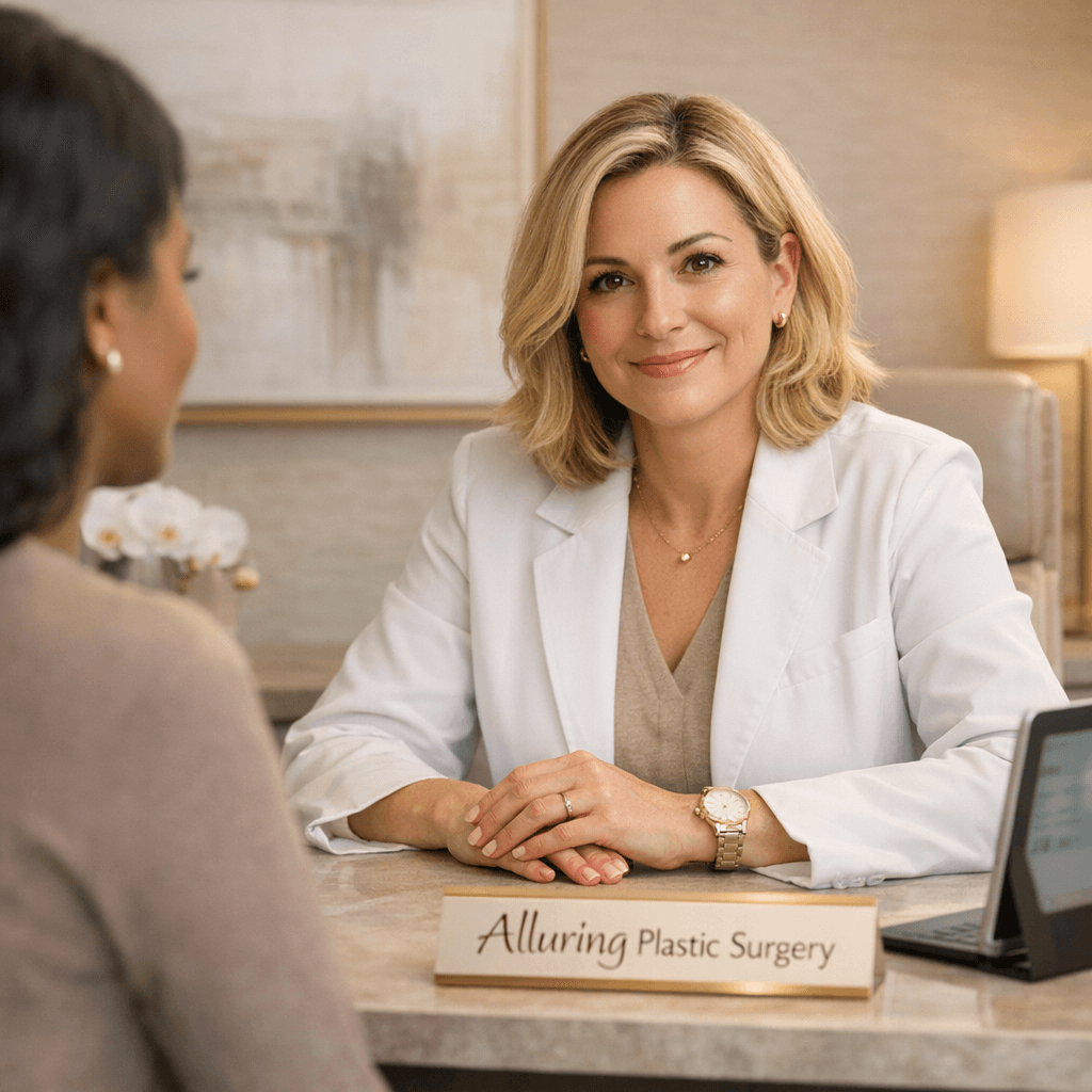 High-end clinic/physician portrait or consultation moment: Dr. Karlinsky in a sophisticated consult room (stone tones, warm neutrals, subtle gold accents), professional styling, calm reassuring posture.