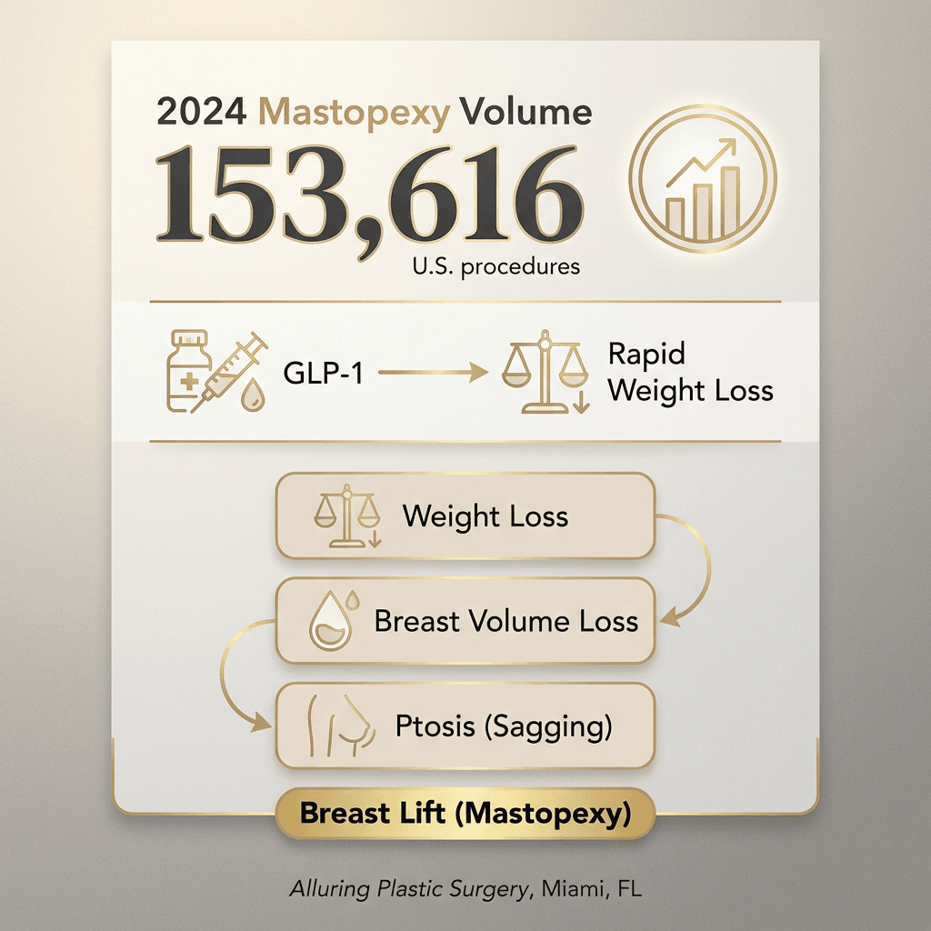 Mini infographic: 2024 mastopexy volume (153,616), GLP-1/rapid weight loss → volume loss → ptosis, and a simple “why lifts rise after weight loss” flow diagram in stone tones with subtle gold accents.