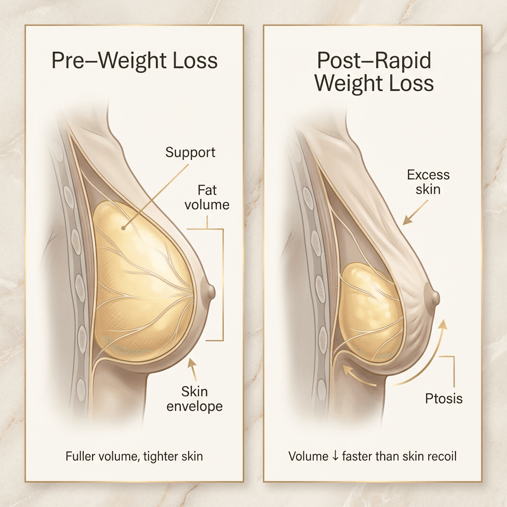 Simple breast anatomy/structure illustration: “pre-weight loss” (fuller fat volume, tighter skin envelope) vs “post-rapid weight loss” (reduced volume, excess skin/ptosis) with clean labels.