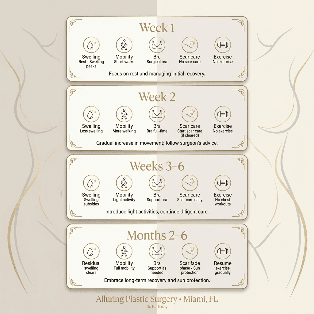 Week-by-week recovery timeline card set (Week 1, Week 2, Weeks 3–6, Months 2–6) with icons for swelling, mobility, bra changes, scar care, and return-to-exercise; stone palette + gold accent dividers.