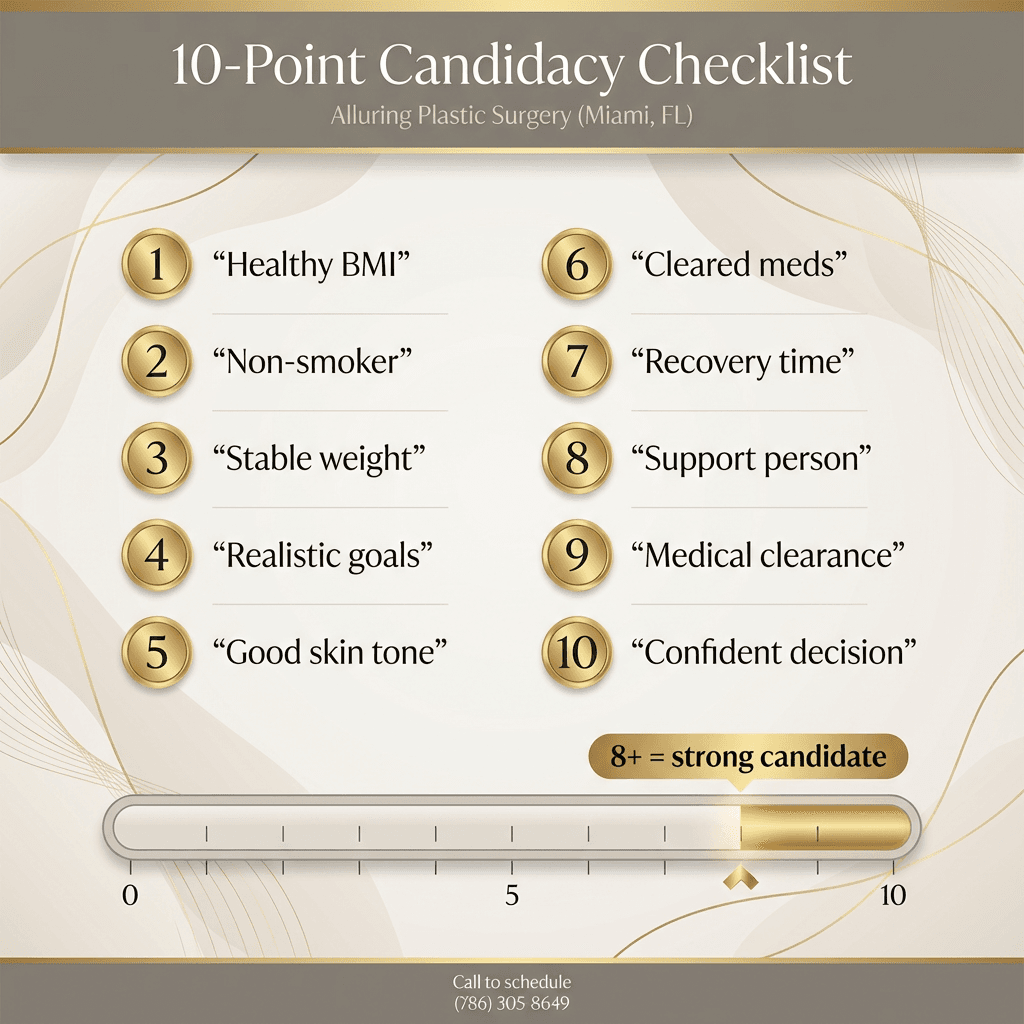 Branded “10-Point Candidacy Checklist” graphic with numbered items and a score meter (0–10) highlighting “8+ = strong candidate.” Maintain luxury typography and neutral tones.