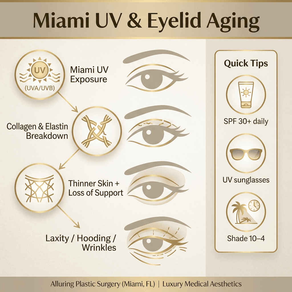Infographic: “UV → Collagen loss → Laxity/hooding/wrinkles” flow diagram + quick tips panel (sunglasses, SPF, shade). Stone palette with gold icons.