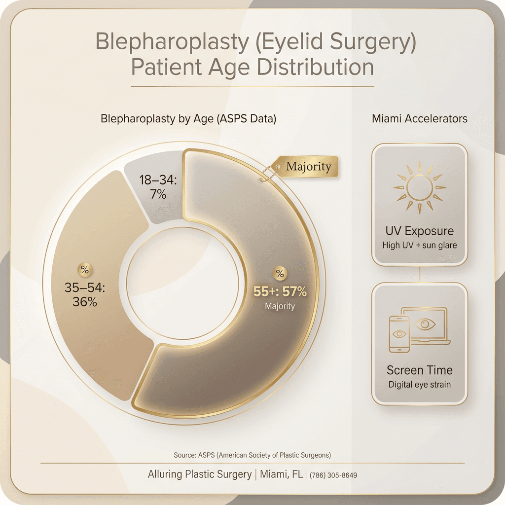 Elegant infographic: blepharoplasty by age distribution (highlight 55+ majority) + callout boxes for Miami accelerators (UV exposure, screen time). Use stone-toned palette with subtle gold accents.
