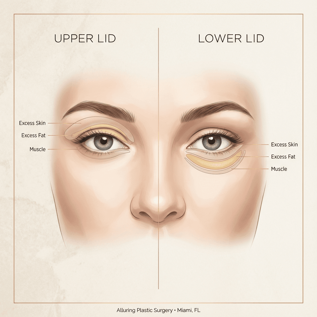 Minimal anatomical eyelid illustration: upper vs lower lid treatment zones, showing “excess skin/fat” areas with discreet labels; premium neutral background + gold line accents.