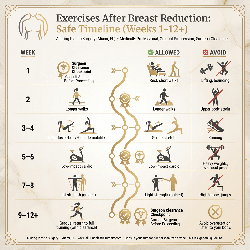 Week-by-week recovery workout timeline (Weeks 1–12+) with allowed activities, what to avoid, and “surgeon clearance” checkpoints in a stone-tone/gold accent design.