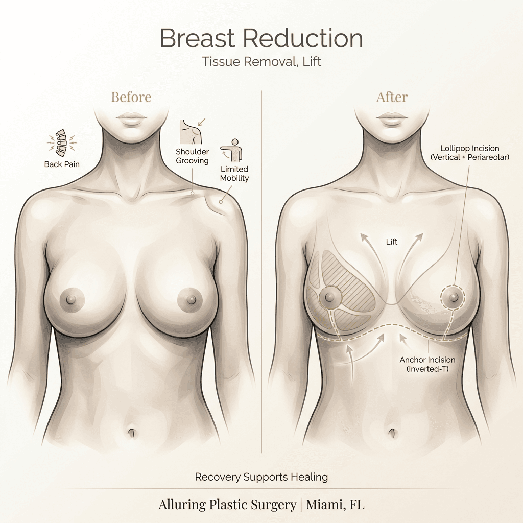 Elegant anatomical illustration showing breast reduction concept (tissue removal + lift) and common incision patterns (anchor/lollipop) with subtle, premium clinic styling.