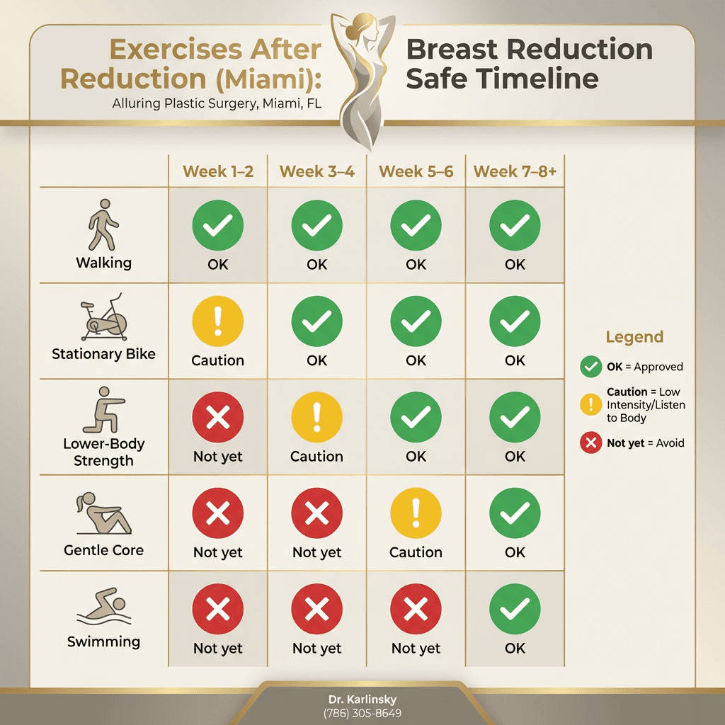 “Safe Exercises by Stage” grid (Walking, stationary bike, lower-body strength, gentle core, swimming) with green/yellow/red indicators and week ranges.