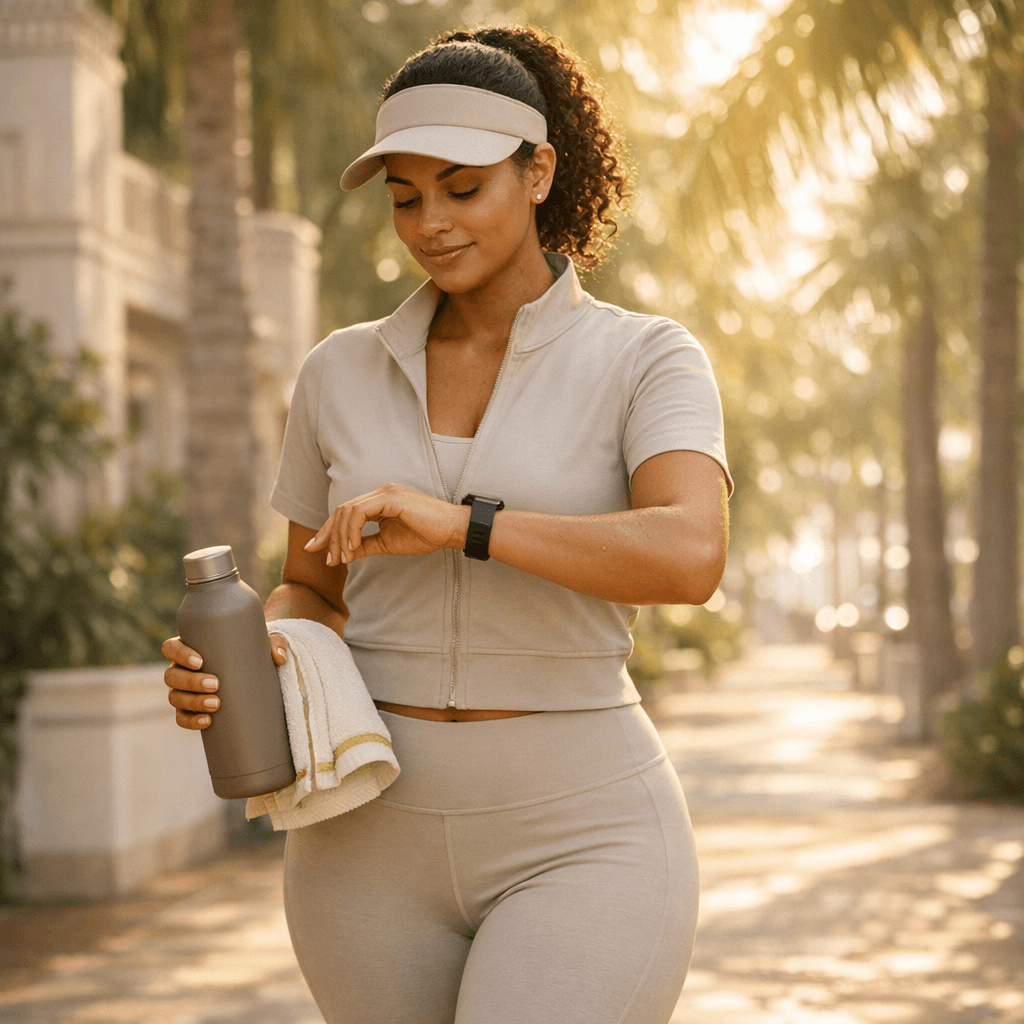 Tasteful lifestyle photo of a mom in stone-tone athleisure on a shaded Miami walkway (early morning light), water bottle + small towel, suggestion of supportive sports bra without being explicit.