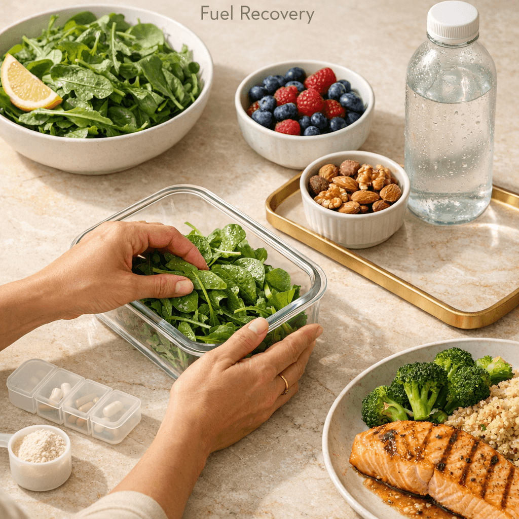 High-end, warm-toned photo of a recovery-friendly meal prep scene: salmon or chicken, leafy greens, berries, nuts, and water/electrolytes on a beige/cream surface with subtle gold accents.