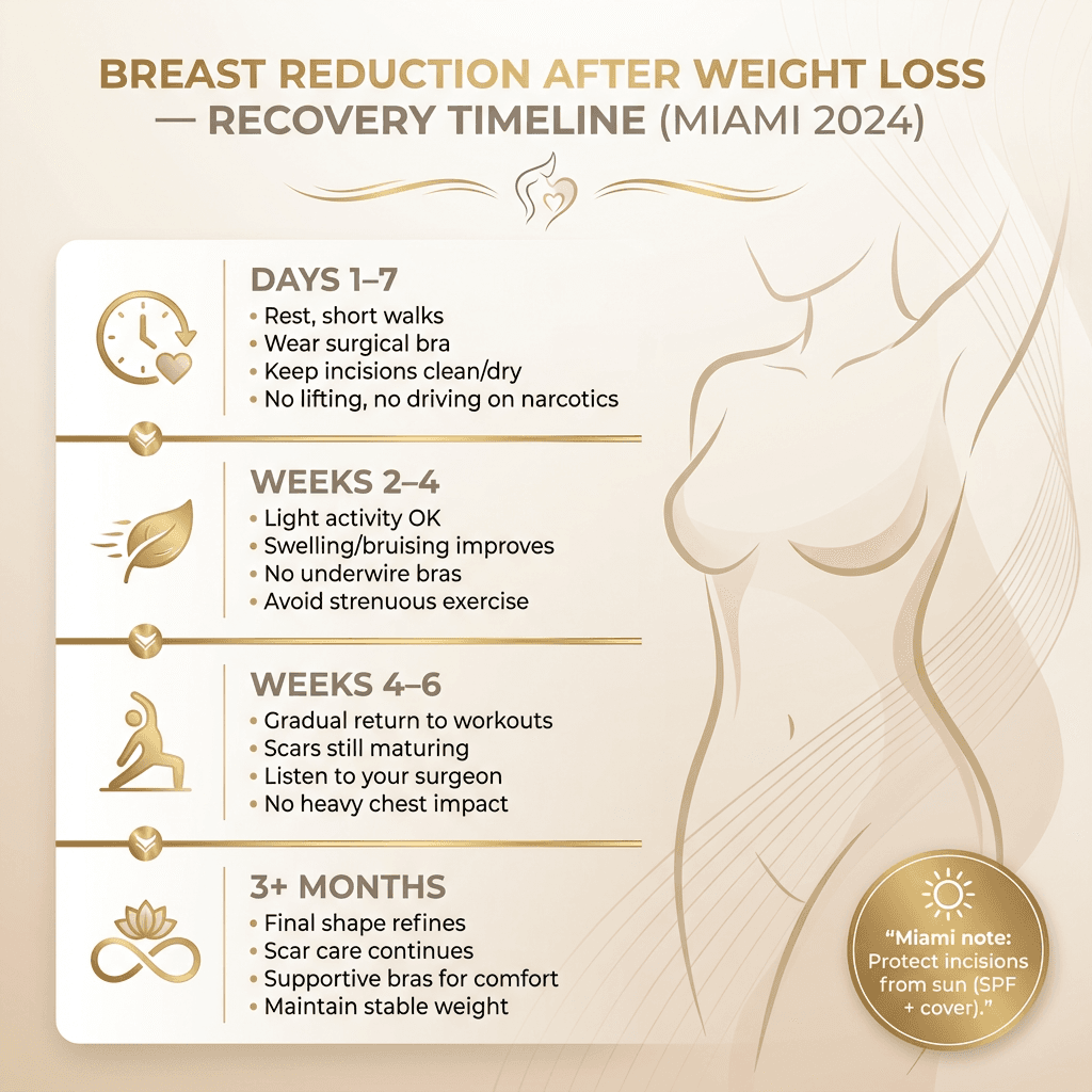 Vertical recovery timeline with four blocks: Days 1–7, Weeks 2–4, Weeks 4–6, 3+ Months—each with 3–5 key do/don’t bullets and a small “sun protection for incisions” Miami note.