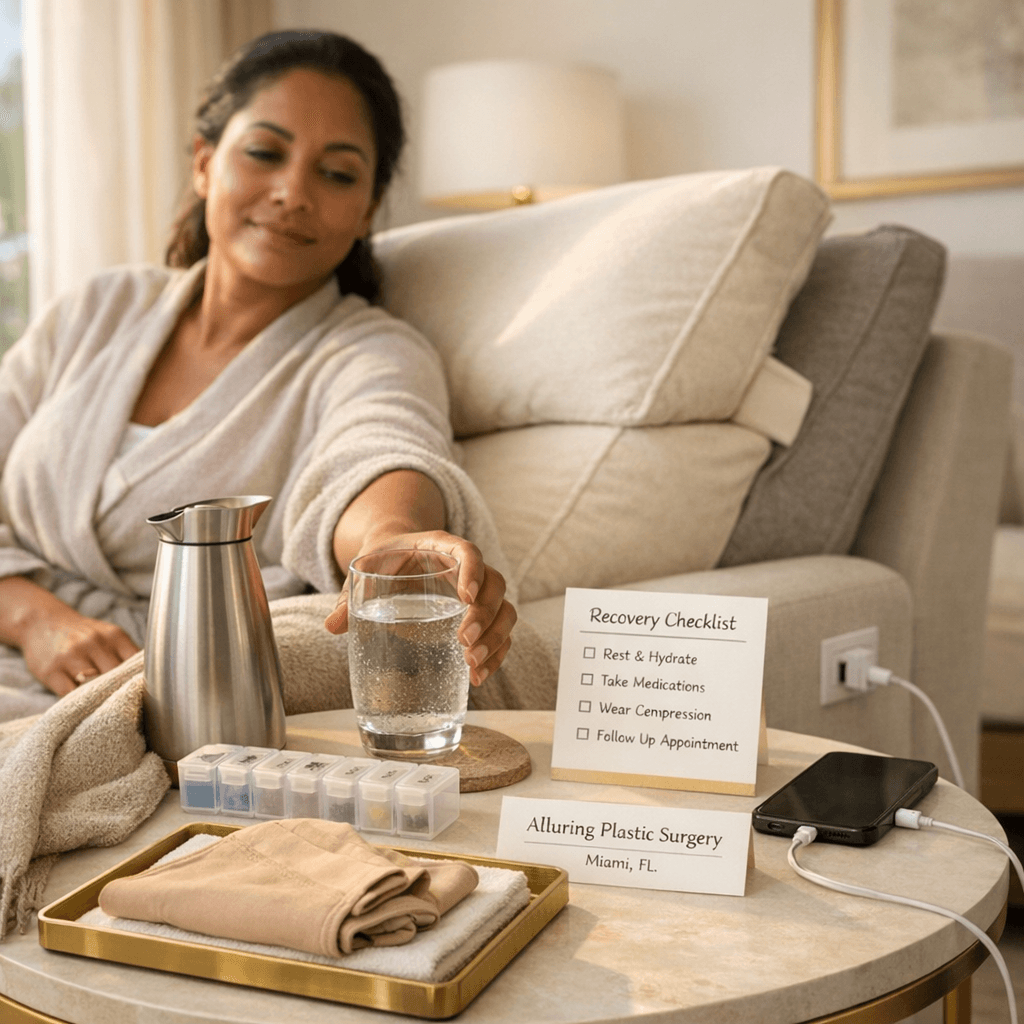 Elegant, neutral-toned recovery station: recliner or bed with wedge pillows, side table with water, meds organizer (non-branded), phone charger, soft throw, and a discreet garment folded nearby—bright, airy, upscale home feel.