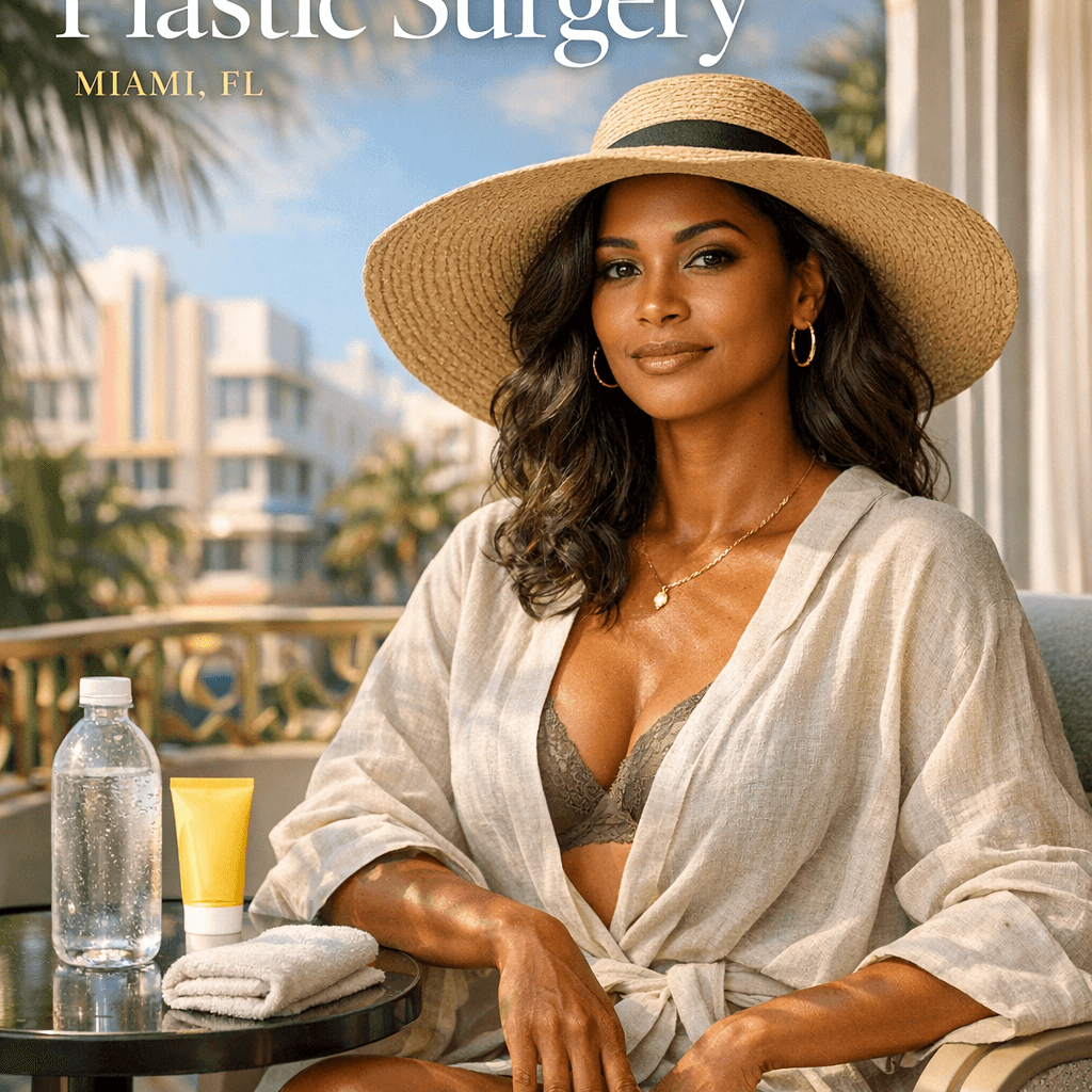 Tasteful Miami lifestyle recovery scene: woman in breathable cover-up/hat on a shaded balcony or indoors near natural light, water + electrolyte drink on table, subtle sunscreen/SPF cue—calm, upscale, heat-aware.