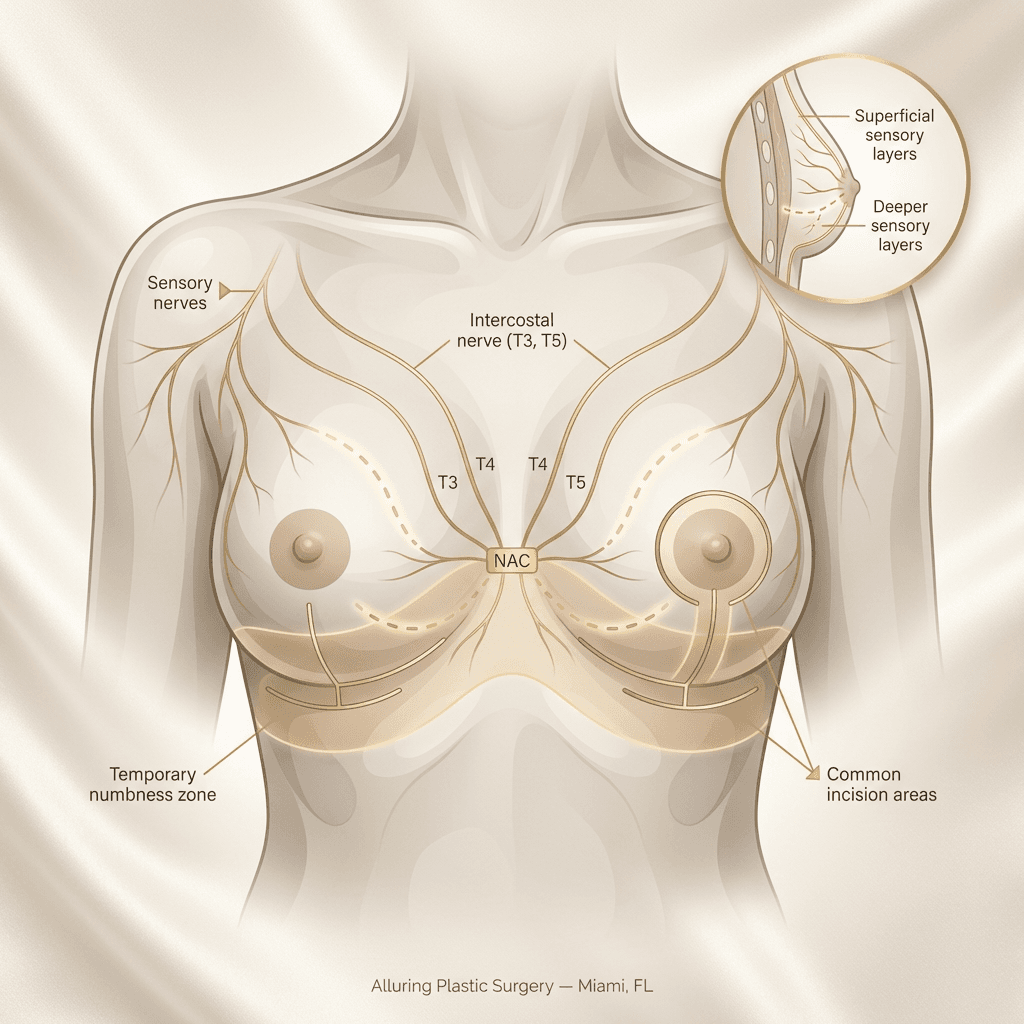 Clean anatomical illustration of breast with simplified sensory nerve pathways and common incision areas highlighted (non-graphic, educational, stone-tone palette with subtle gold callouts).