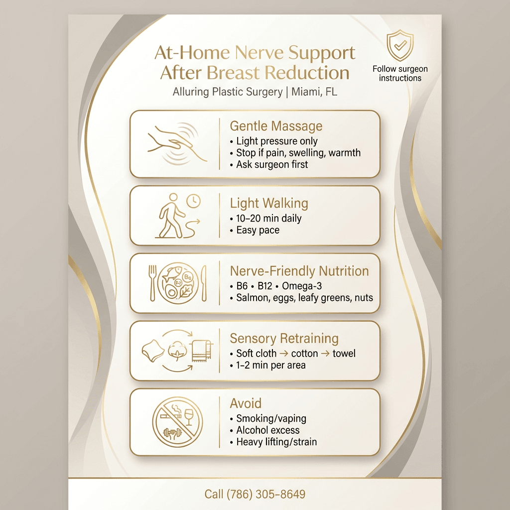 Step-by-step “At-Home Nerve Support” checklist: gentle massage (with safety note), light walking, B6/B12/omega-3 foods, sensory retraining textures, avoid smoking/alcohol/strain—designed in premium clinic brand styling.