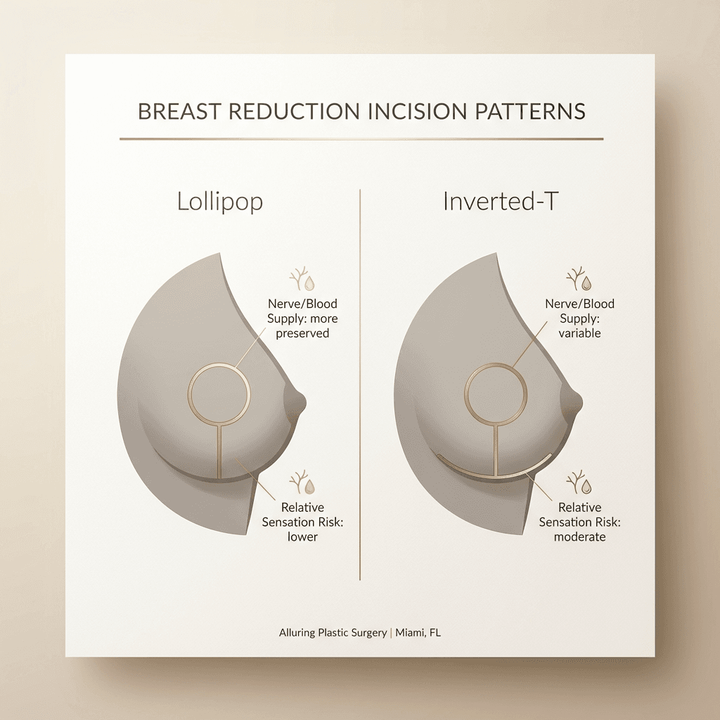 Refined comparison illustration: lollipop vs inverted-T incision pattern icons + small callouts for “nerve/blood supply preservation” and “relative sensation risk” (non-graphic, schematic style).