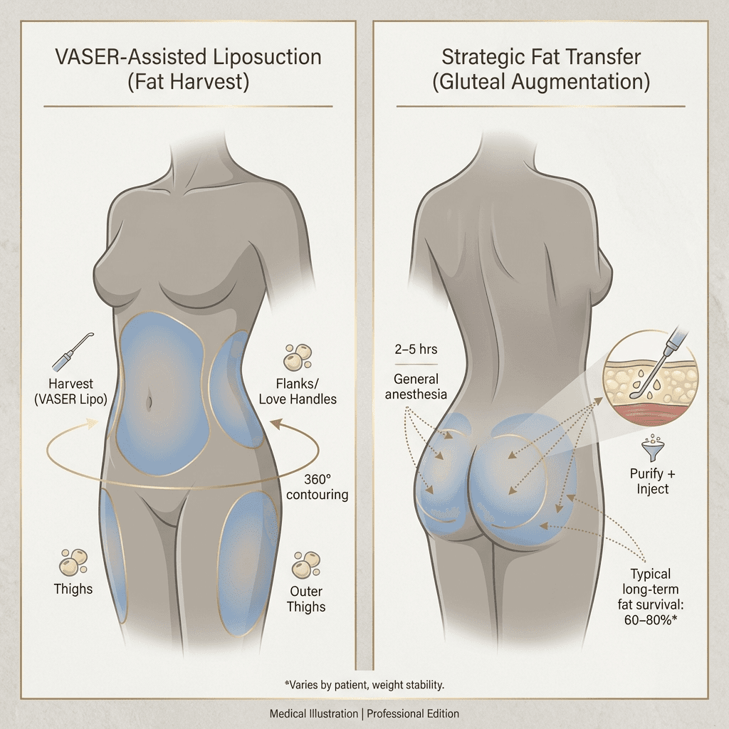 Two-panel medical diagram showing VASER liposuction donor sites and fat injection zones for Brazilian Butt Lift procedure