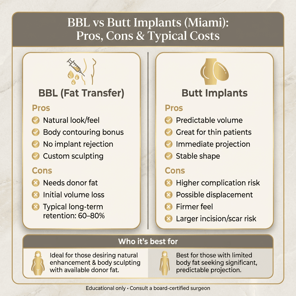 Premium infographic comparing BBL fat transfer and butt implants with pros, cons, costs, and patient suitability icons